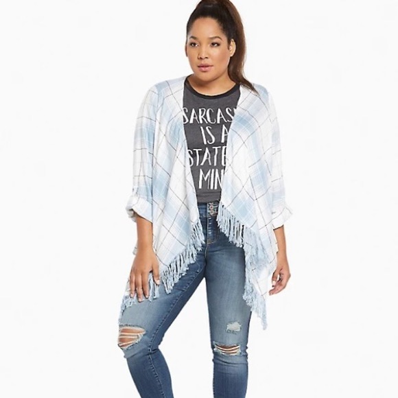 torrid Tops - Torrid | Blue White Open Front Pheobe Plaid Challis Shirt Jacket 6